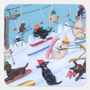 Winter Fun Skiing Labradors Painting Vierkante Sticker