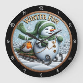 Winter Fun Snowman Sledding Robin Grote Klok (Voorkant)