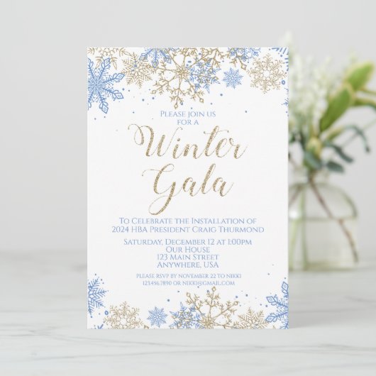 Winter Gala Blauw en Goud Uitnodigen Kaart (Staand voorkant)