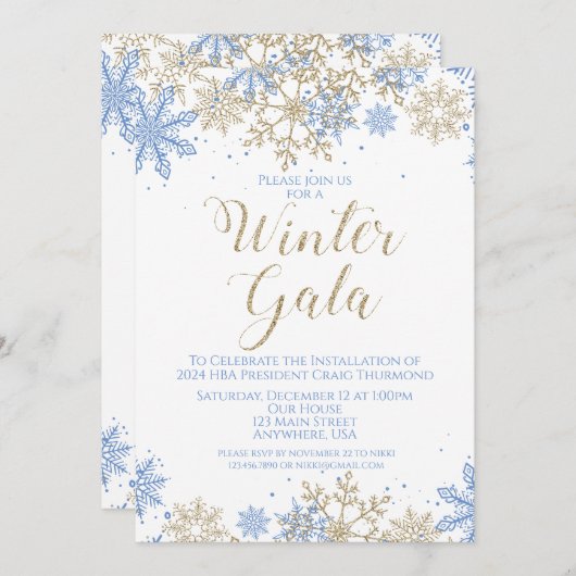 Winter Gala Blauw en Goud Uitnodigen Kaart (Voorkant / Achterkant)