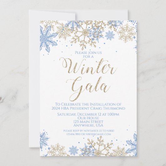 Winter Gala Blauw en Goud Uitnodiging (Voorkant)