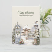 Winter Gate Christmas Kaart - Snowy Cottage Scene (Staand voorkant)