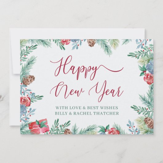 Winter gebladerte en dennenappel grens Nieuwjaar Feestdagenkaart (Voorkant)