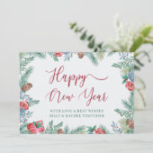 Winter gebladerte en dennenappel grens Nieuwjaar Feestdagenkaart (Staand voorkant)