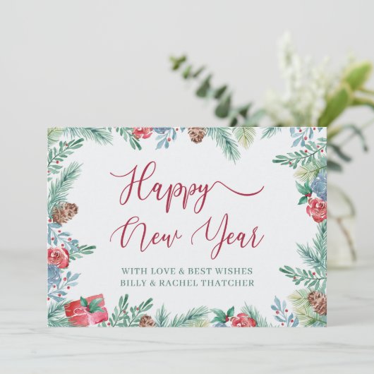 Winter gebladerte en dennenappel grens Nieuwjaar Feestdagenkaart (Staand voorkant)