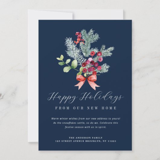 Winter gebladerte marineblauw bewegende aankondigi feestdagenkaart (Voorkant)