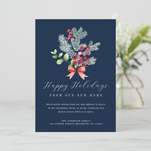 Winter gebladerte marineblauw bewegende aankondigi feestdagenkaart (Staand voorkant)