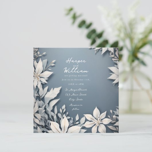 Winter gebladerte wit en blauw bruiloft uitnodigin (Staand voorkant)