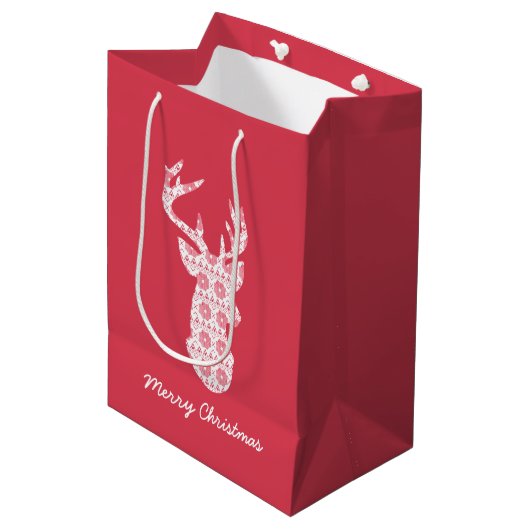 Winter gebreide kerst rendier geschenk tas medium cadeauzakje (Voorkant Gekanteld)
