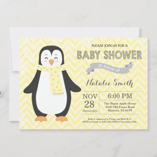 Winter Gele Pinguïn Baby Shower Uitnodiging (Voorkant)