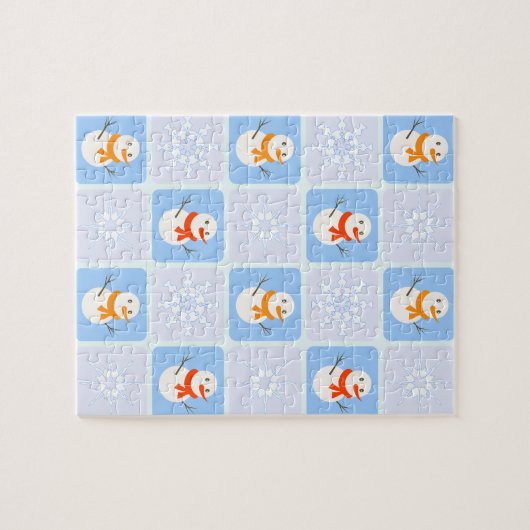 Winter geruit patroon sneeuwman en sneeuwvlokken legpuzzel (Horizontaal)