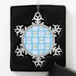 Winter geruit patroon sneeuwman en sneeuwvlokken tin sneeuwvlok ornament