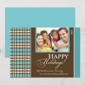 Winter geruite gezinsvakantiekaart (aqua) feestdagenkaart (Voorkant / Achterkant)