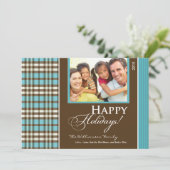 Winter geruite gezinsvakantiekaart (aqua) feestdagenkaart (Staand voorkant)