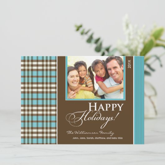 Winter geruite gezinsvakantiekaart (aqua) feestdagenkaart (Staand voorkant)