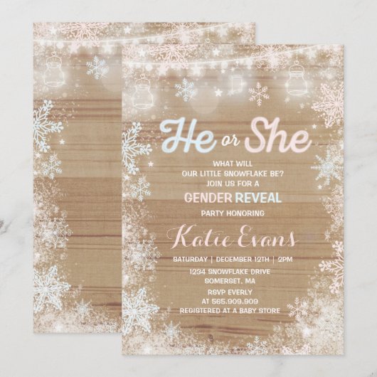 Winter Geslacht Reveal Uitnodiging Rustieke Reveal (Voorkant / Achterkant)