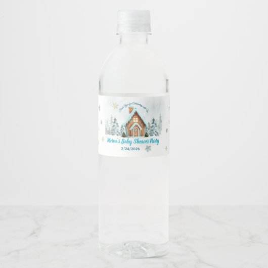 Winter Gingerbread House Blue Baby Shower Waterfles Etiket (Voorkant)