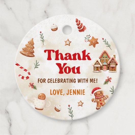 Winter Gingerbread House Kerstmis 1e verjaardag Bedankjes Labels (Voorkant)