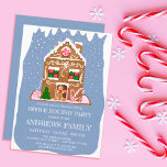 Winter Gingerbrood Snoep House Corporate Holiday Kaart<br><div class="desc">Deze schattige en feestelijke uitnodiging van de Bond van de kantoor van de Vakantie is perfect voor het vakantieseizoen. Het bevat cartoons illustraties van een gingerbrood voor zijn ontbijtkoekoek met snoepjes, een kerstboomsuikerkoekje, ijsversieringen, lolly's, gumdrops en snoep van de munt boven een witte en blauwe sneeuw en een ijskoude achtergrond....</div>