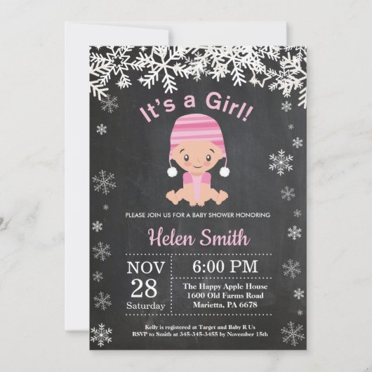 Winter Girl Baby shower Snowflake Invitation Kaart (Voorkant)
