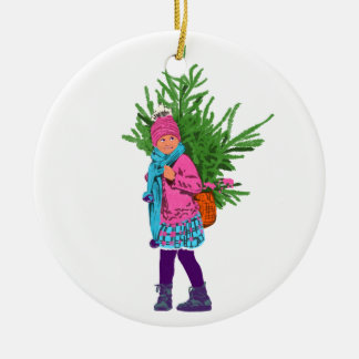 Winter Girl Carrying Evergreen – Holiday Ornament