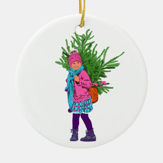 Winter Girl Carrying Evergreen – Holiday Ornament (Voorkant)