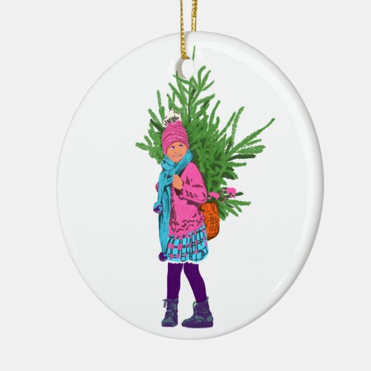 Winter Girl Carrying Evergreen – Holiday Ornament (Links)
