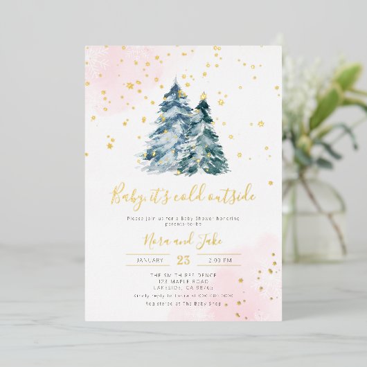 Winter Girl Pink Gold Snowflakes Baby shower Folie Uitnodiging (Staand Voorkant)