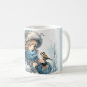 Winter Girl with Bird in Blue Floral Coat Koffiemok (Voorkant rechts)