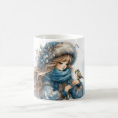 Winter Girl with Bird in Blue Floral Coat Koffiemok (Center)