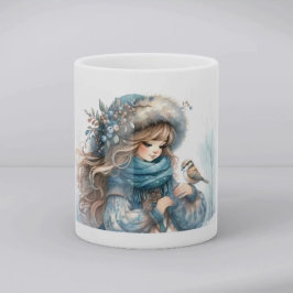 Winter Girl with Bird in Blue Floral Coat Koffiemok