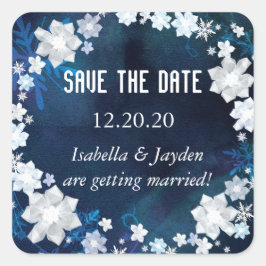 Winter Glam Navy Blue Wedding Save the Date Vierkante Sticker