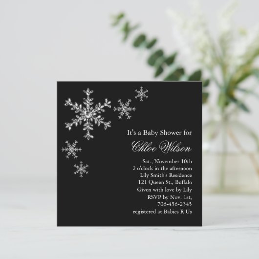 Winter Glamour Baby shower Uitnodiging op zwart (Staand voorkant)