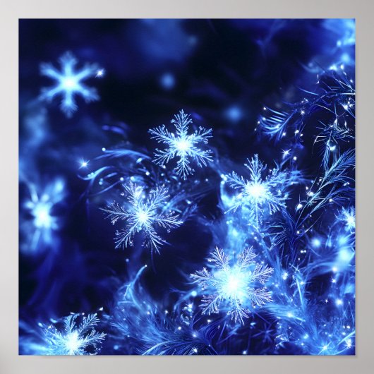Winter Glans Blauwe Sneeuwvlokken Poster (Voorkant)