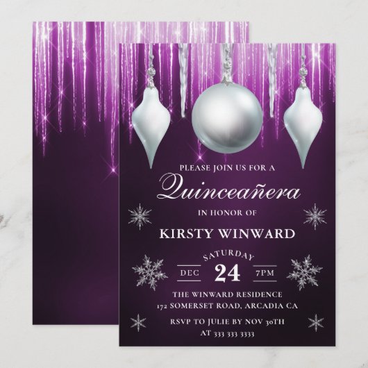 Winter Glass Baubles & Snowflakes Quinceanera Kaart (Voorkant / Achterkant)