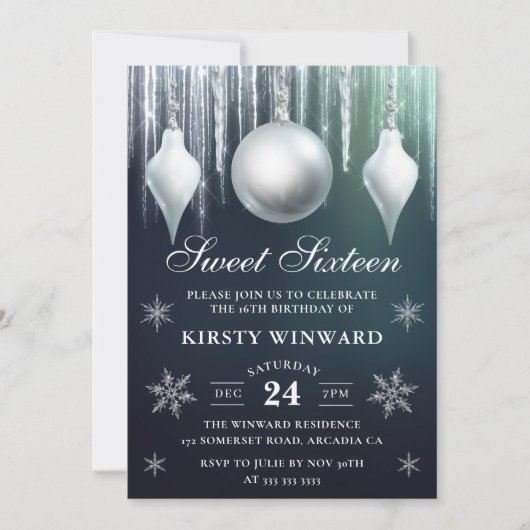 Winter Glass Baubles & Snowflakes Sweet Sixteen Kaart (Voorkant)