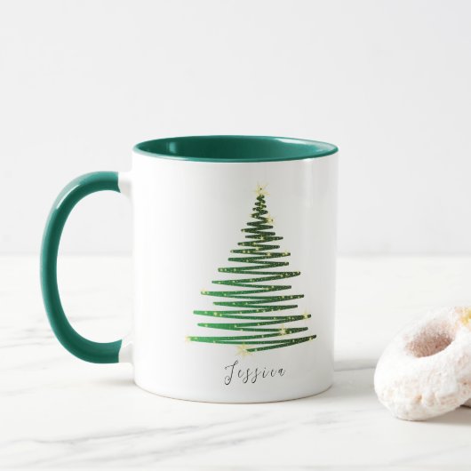 Winter Glitter Groene Boom Gepersonaliseerde Kerst Mok (Met donut)