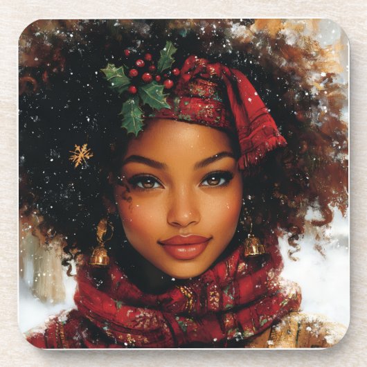Winter Glow Afrocentric Queen – Holiday Art Bier Onderzetter (Voorkant)