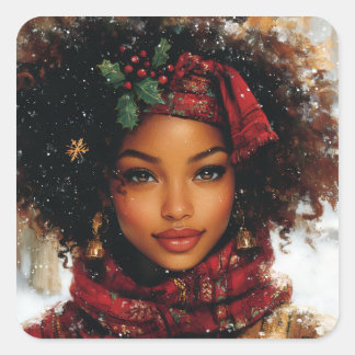 Winter Glow Afrocentric Queen – Holiday Art Vierkante Sticker