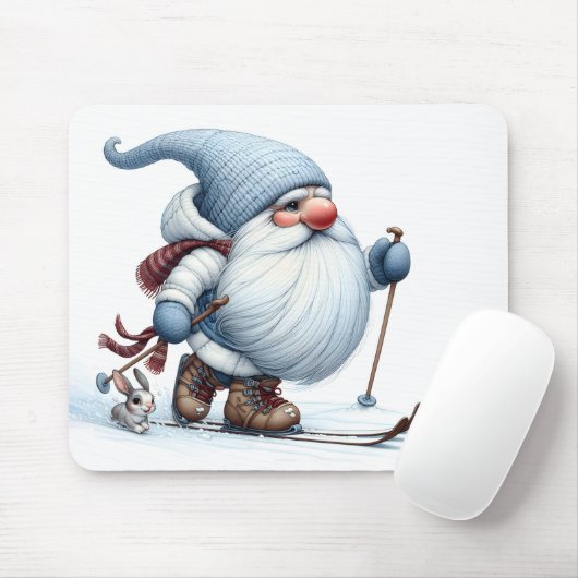 Winter Gnome Skiën met een konijn Muismat (Met muis)