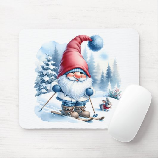 Winter Gnome Skiën met een konijn Muismat (Met muis)