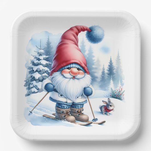 Winter Gnome Skiën met een konijn Papieren Bordje (Voorkant)