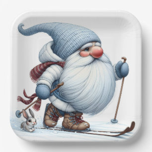 Winter Gnome Skiën met een konijn Papieren Bordje