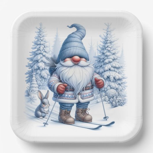 Winter Gnome Skiën met een konijn Papieren Bordje (Voorkant)