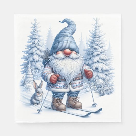 Winter Gnome Skiën met een konijn Servet (Voorkant)