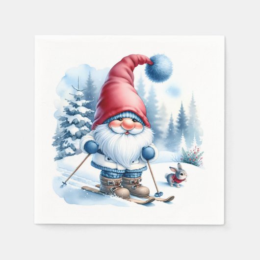 Winter Gnome Skiën met een konijn Servet (Voorkant)