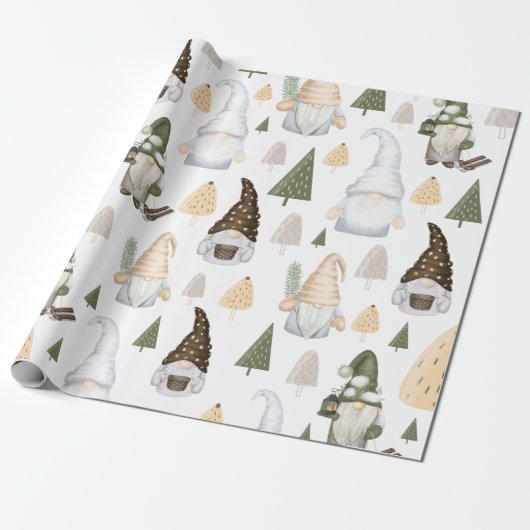 Winter Gnomen Trees White Wrapping Paper Cadeaupapier (Uitgerold)