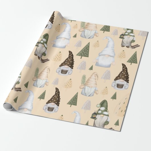 Winter Gnomes Forest Beige Cadeaupapier (Uitgerold)
