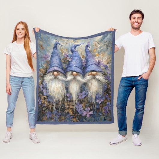 Winter Gnomes Purple Hats Flowers Fleece Deken (In situ)