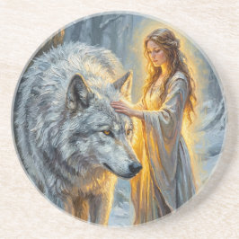 Winter Goddess & White Wolf Zandsteen Onderzetter